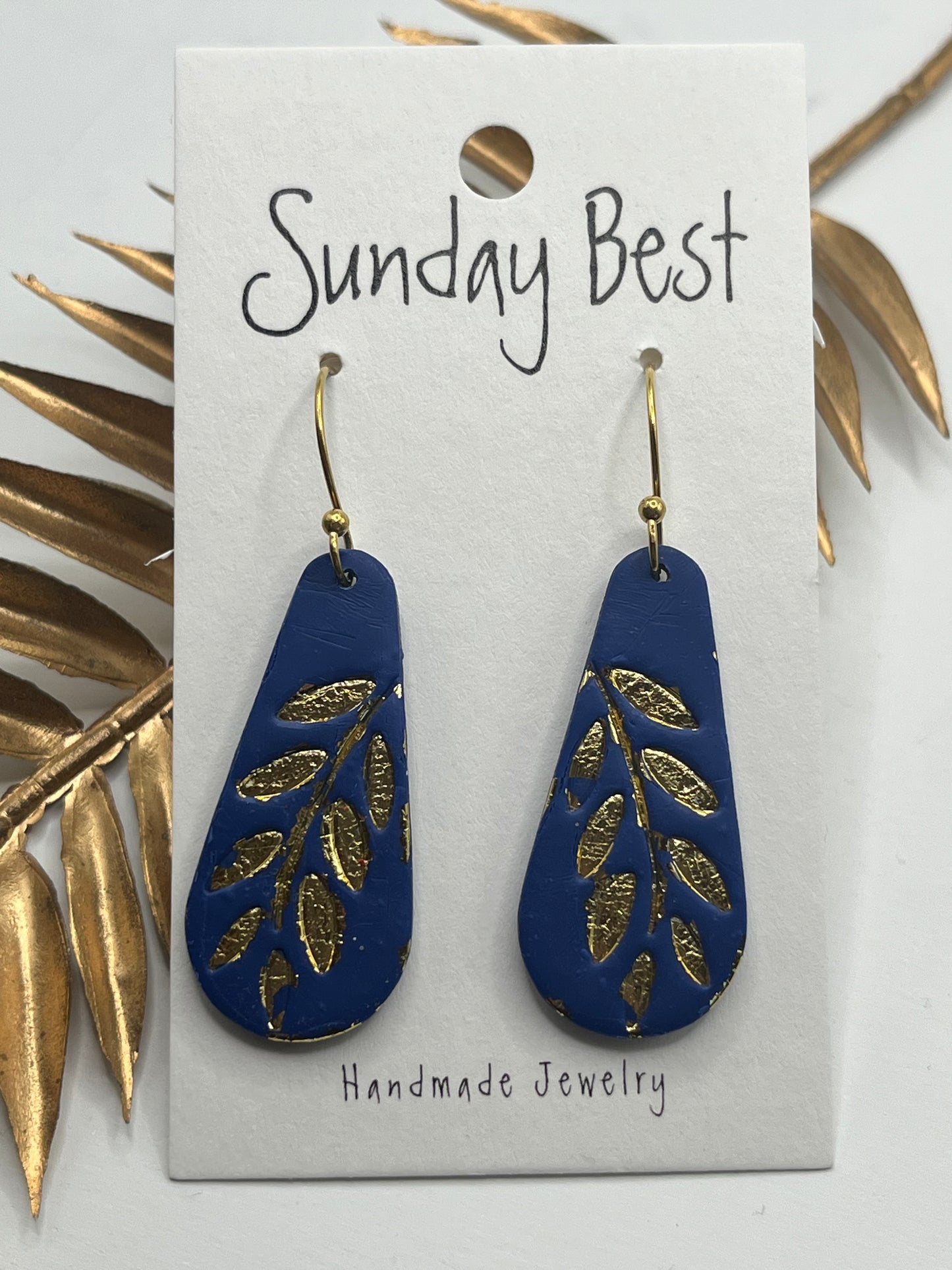 Navy Blue & Gold Leaf Dangles