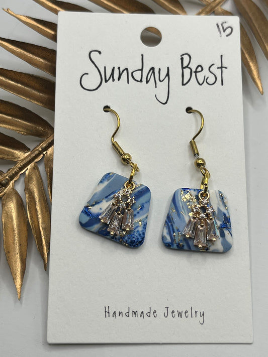 Blue Marble & Rhinestone Dangle