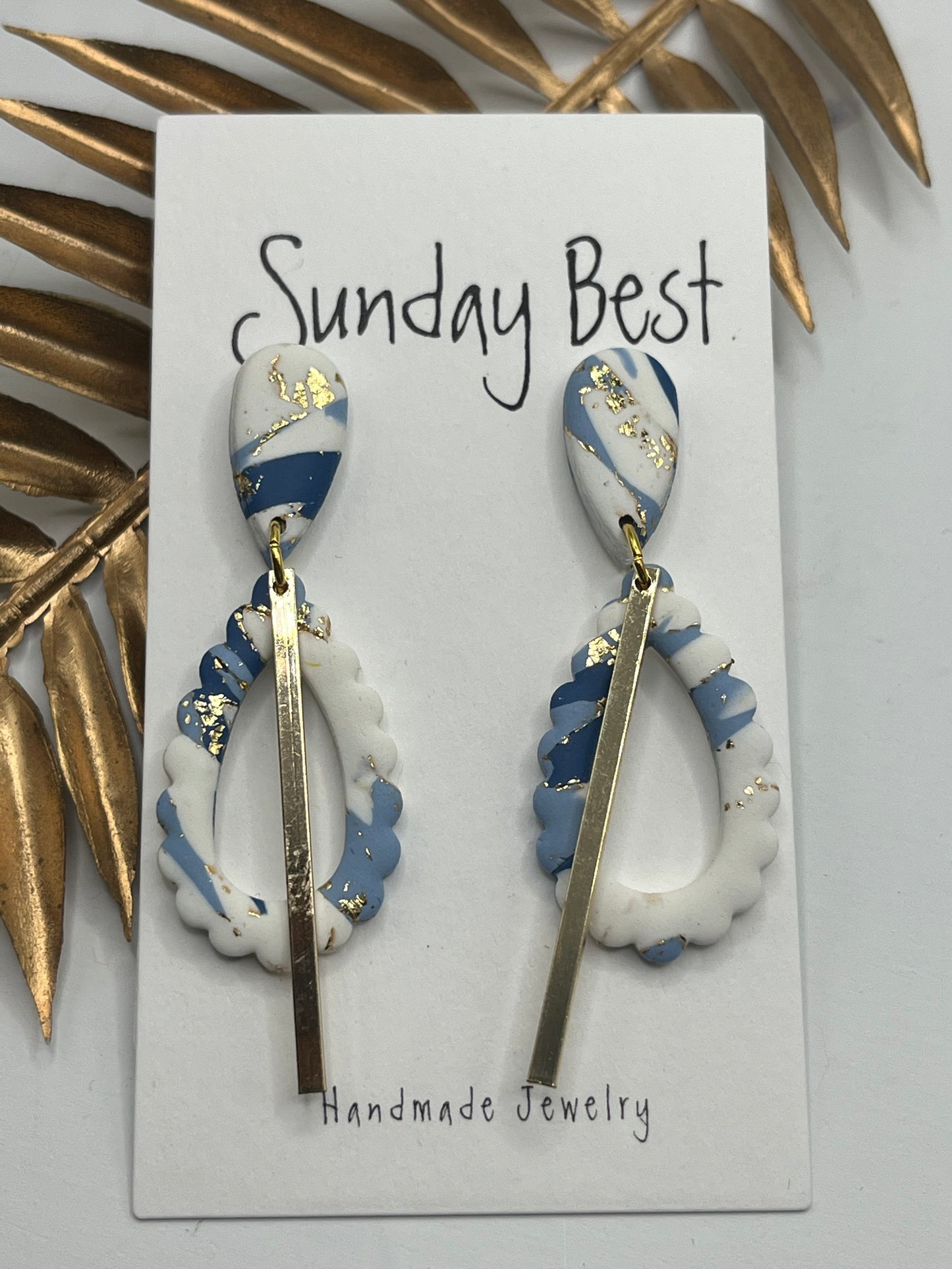 Blue & White Marbled Dangle with Gold Bar